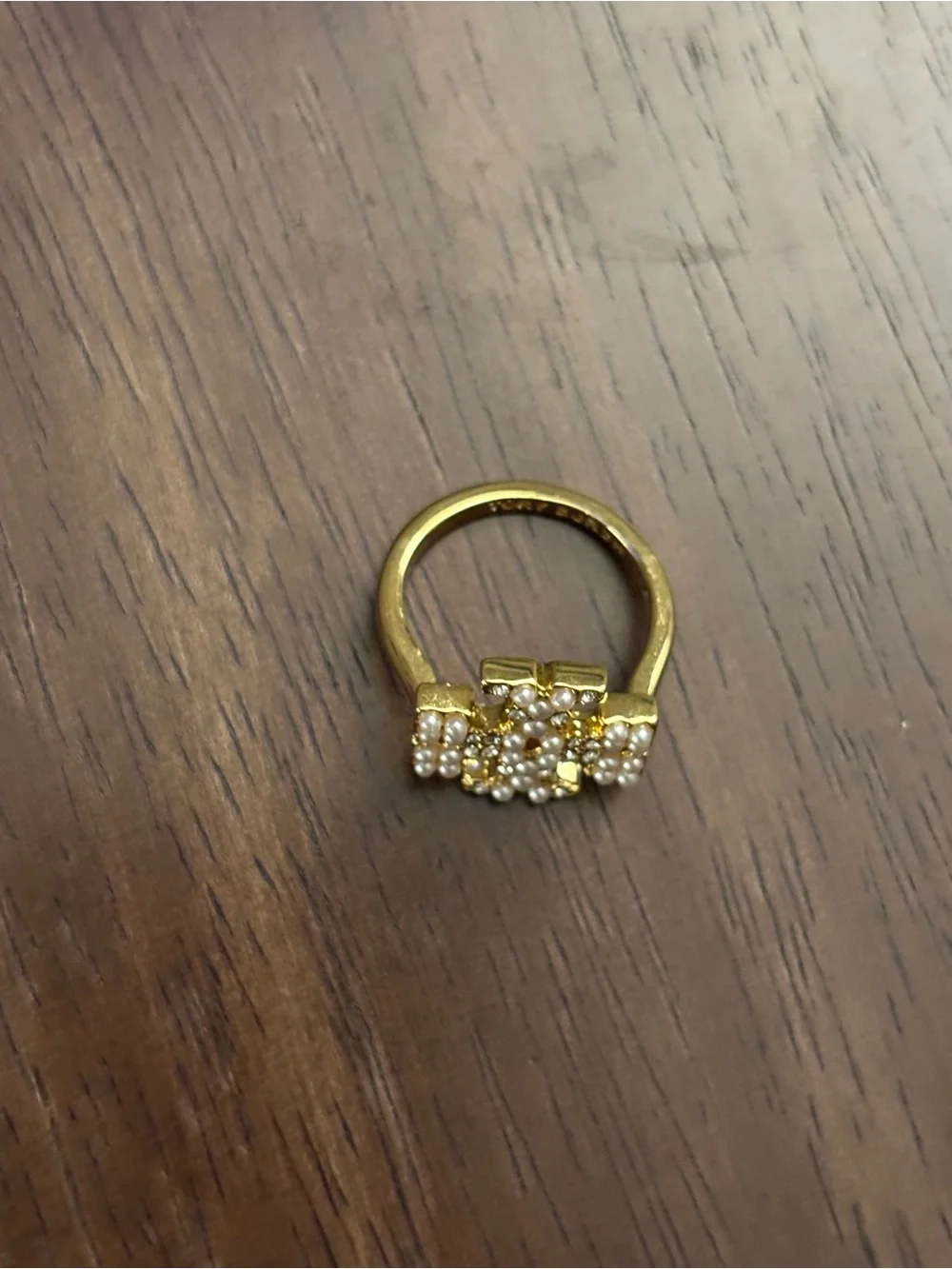 Tory Burch Gold plated Pearl and Crystal Logo Ring size 7